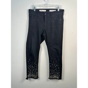 Pilcro Slim Straight Black Jeans Shark Bite Hem Jeweled Detail Size 30/10 EUC